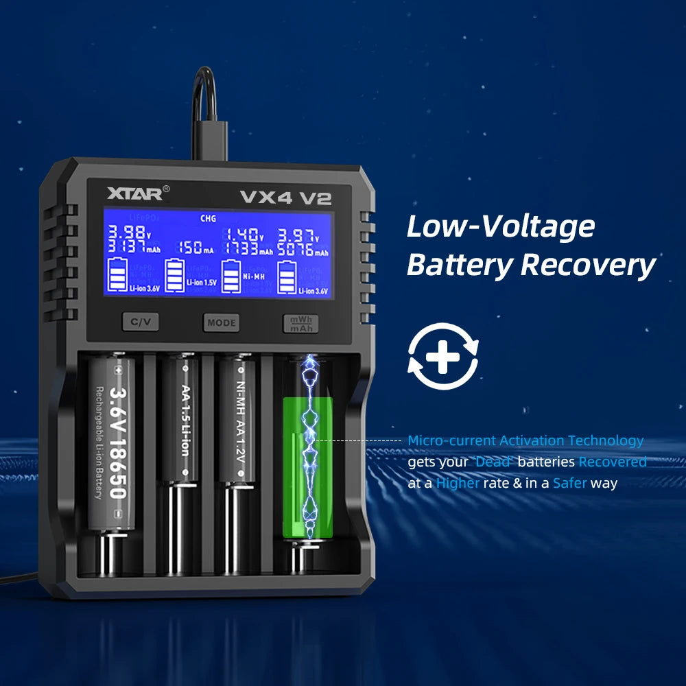 XTAR VX4 V2 18650 Battery Charger AA/AAA Li-ion LiFePO4 Ni-MH Rechargeable Battery 20W Fast Charger Battery Capacity Tester
