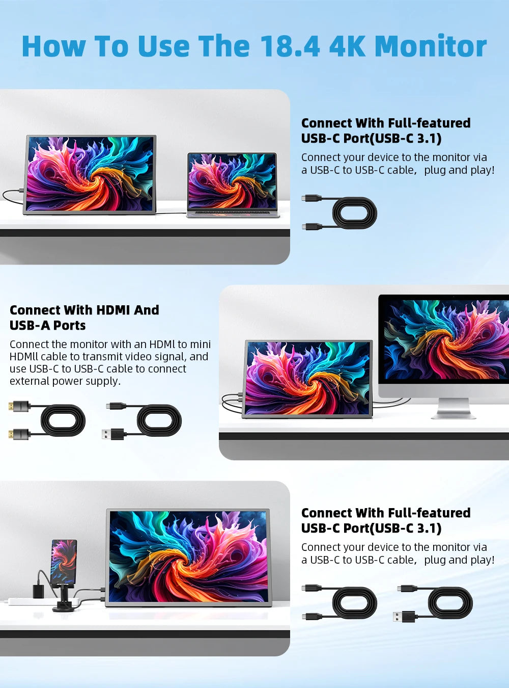 UPERFECT QLED 18.4 Portable Monitors Gaming Displays 4K 60Hz USB C HDMI For PS5/4 Switch Laptop PC Mac Xbox Second Extend Screen
