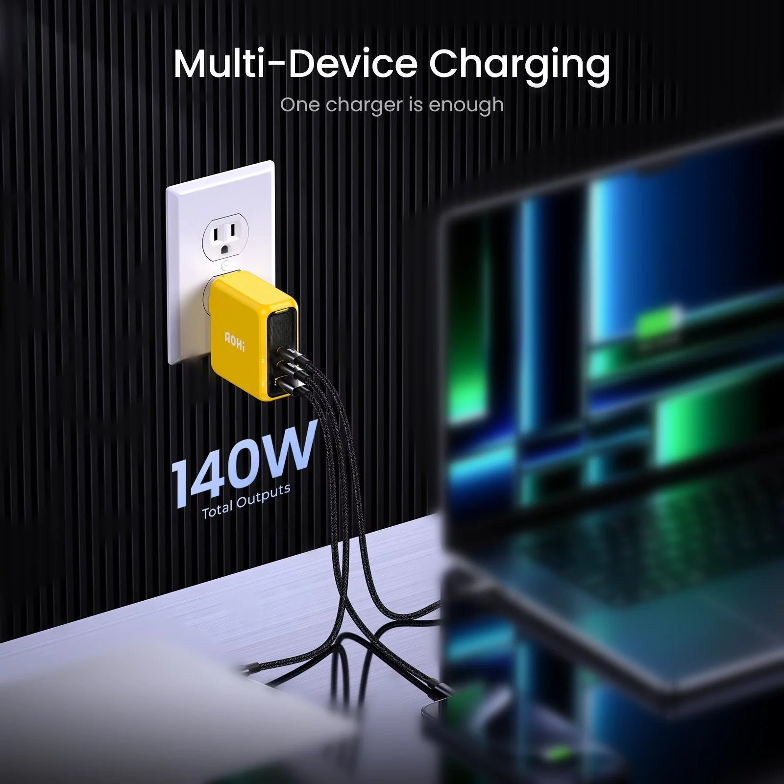AOHI Magcube Pro 140W GaN phone charger PD3.1 3-Port USB C Charger For Macbook Pro Laptop Fast Charger For iPhone