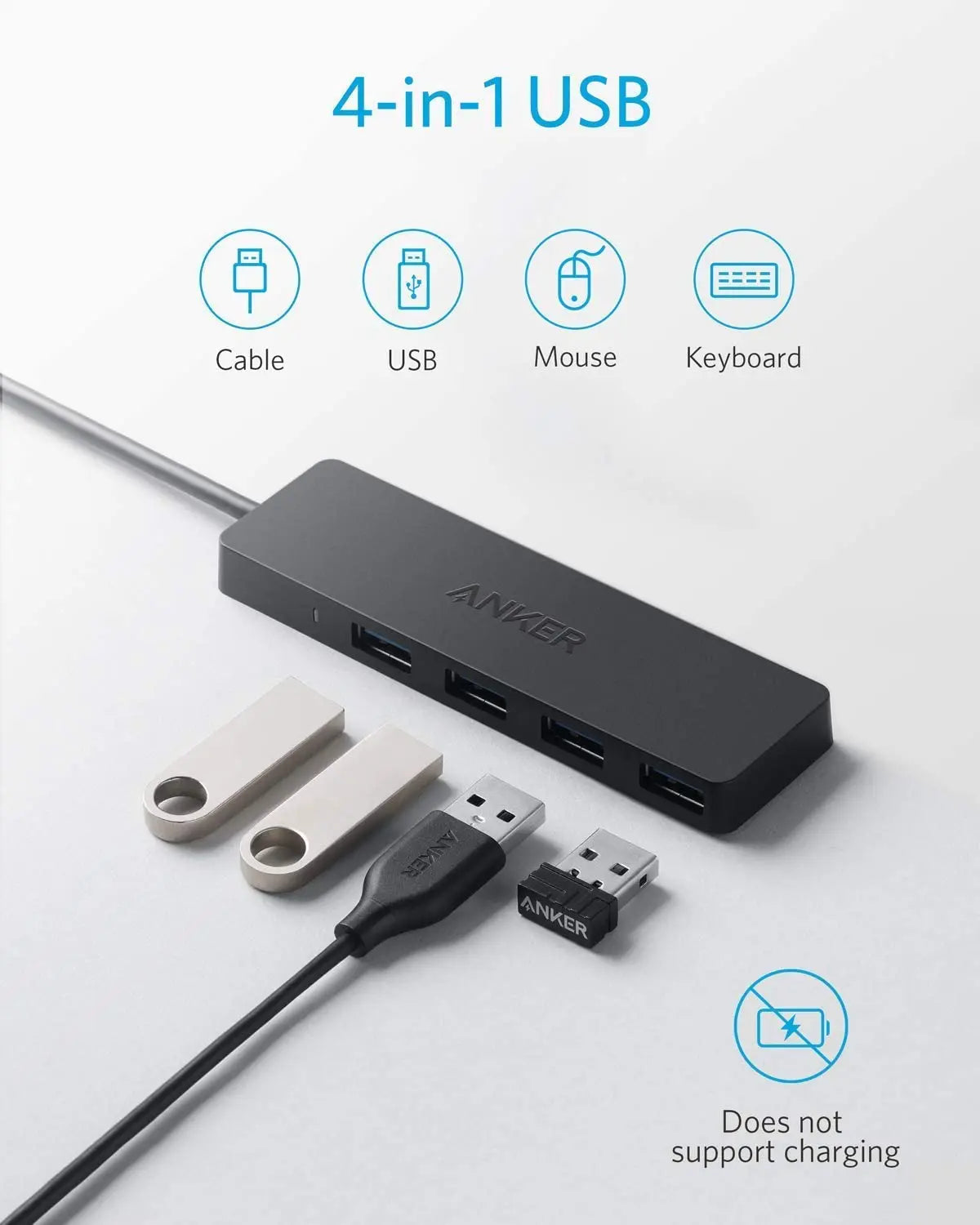 Anker 4-Port USB 3.0 Hub Ultra-Slim Data USB Hub with 2 ft Extended Cable SuperSpeed Data