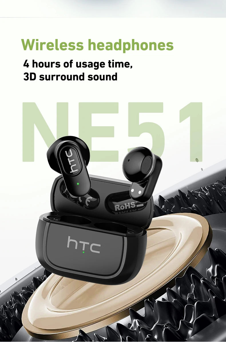 HTC NE51 Bluetooth Earphones TWS Mini EarBuds Sports Wireless Headphones Smart Noise Reduction Earbuds Green Black