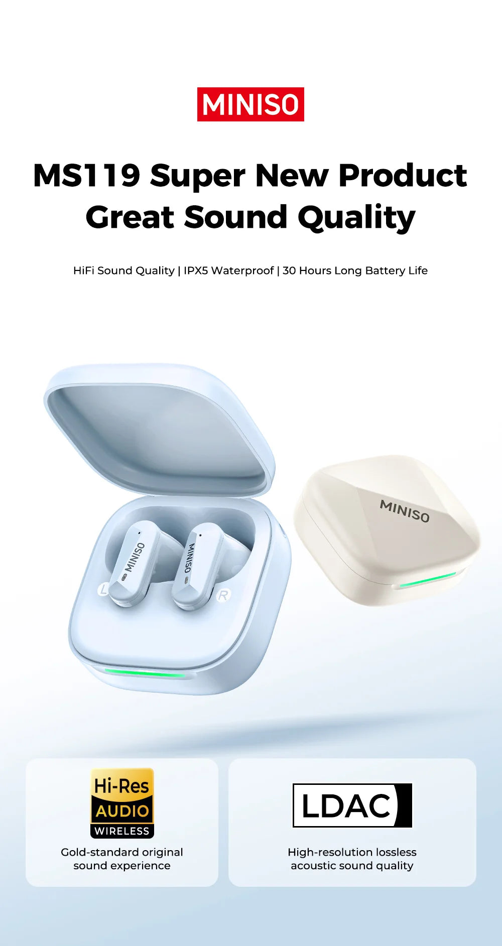MINISO MS119 Wireless Bluetooth Earphones Ai Translator Headphones Low latency Earbuds 50Hrs Playback More Comfortable to wear