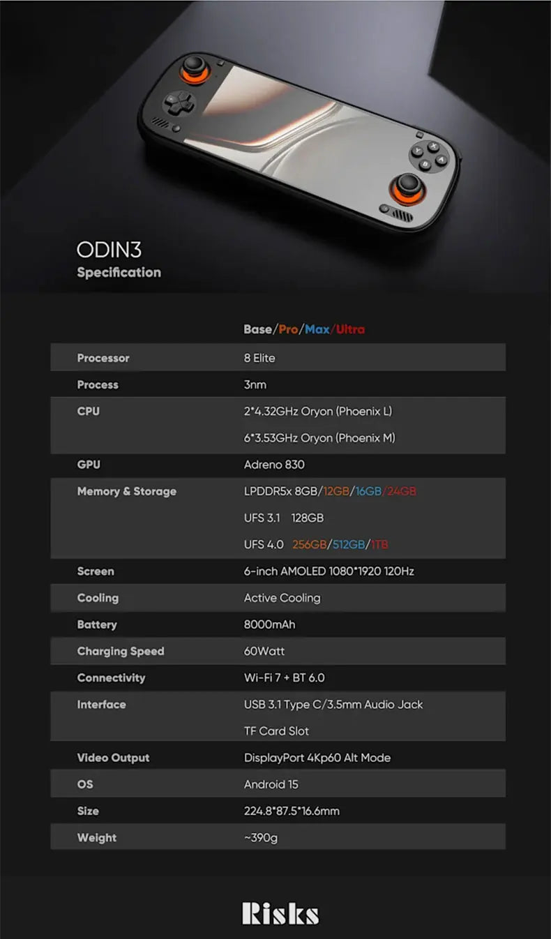 AYN Odin 3 Game Console 6'' 1080P 120Hz AMOLED Screen Handheld With 8000mAh Hall-Effect Joystick/Trigger Handheld Game Console