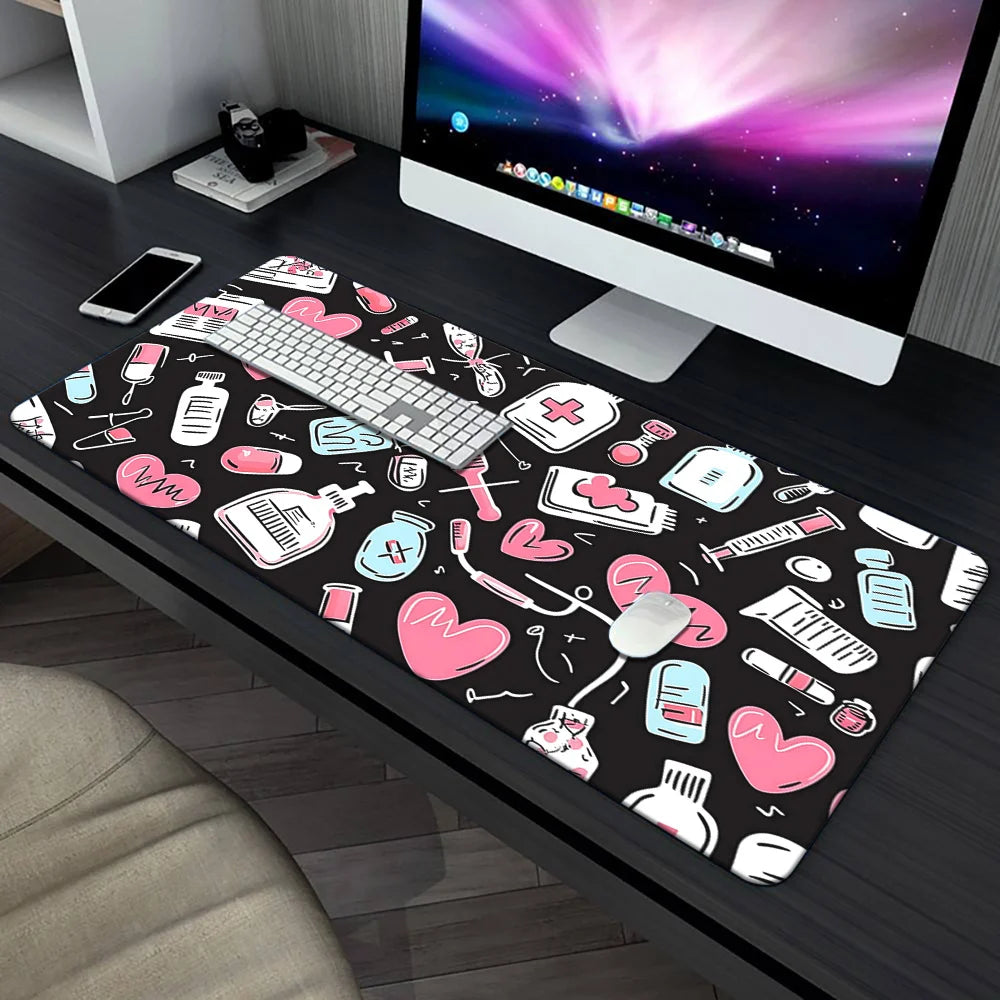 One Pink Gaming Mouse Pad with a Medical Theme, Featuring a Design of Stethoscopes, Bottles, And Hearts. It'S a Soft Rubber Desk Mat Suitable for Office, PC