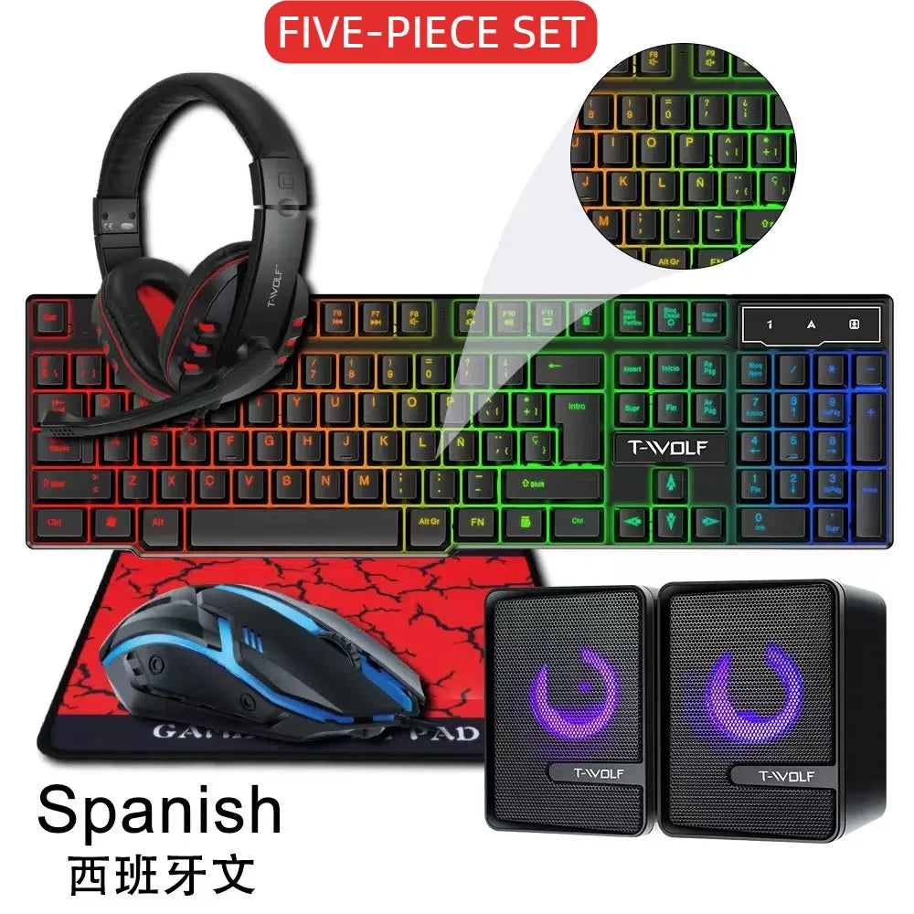 T-WOLF Thunderwolf TF880 Wired Keyboard, Mouse, Headphones and Audio Five-piece E-sports Game Enjoy Super Fast Moving Speed.