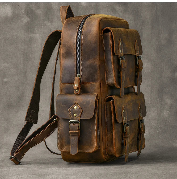 Vintage Crazy Horse Genuine Leather Backpack Men Bagpack Cowhide Hiking Backpack 17