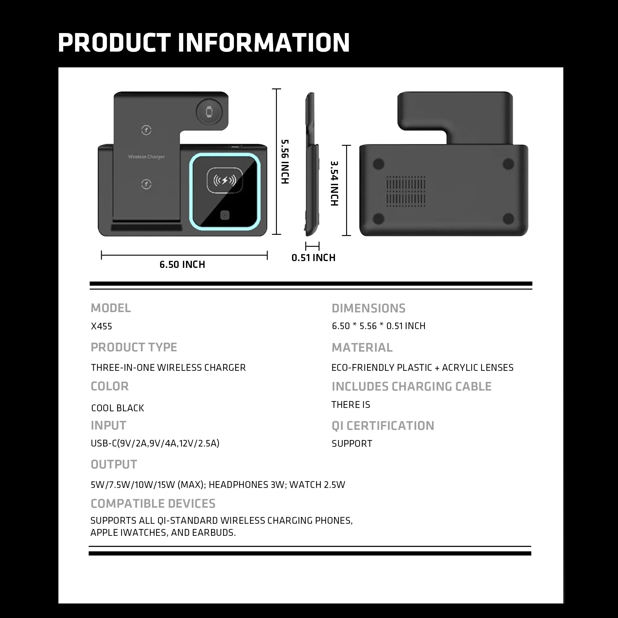 3-In-1 Foldable Wireless Charging Stand 15W/10W/7.5W/5W Multi Device Fast Wireless Charger for Smartphone Smart Watch Earphones