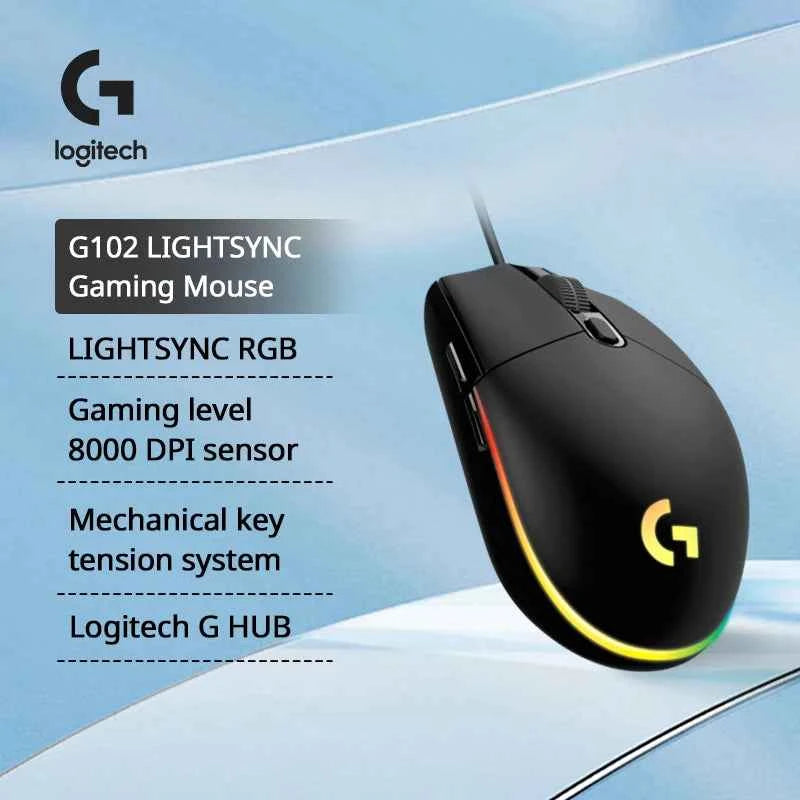 Logitech G102 Mouse Original Ergonomic Mouse Optical 8000DPI 16.8M Color LED Customizing 6 Buttons Wired Pc Gaming Accessories