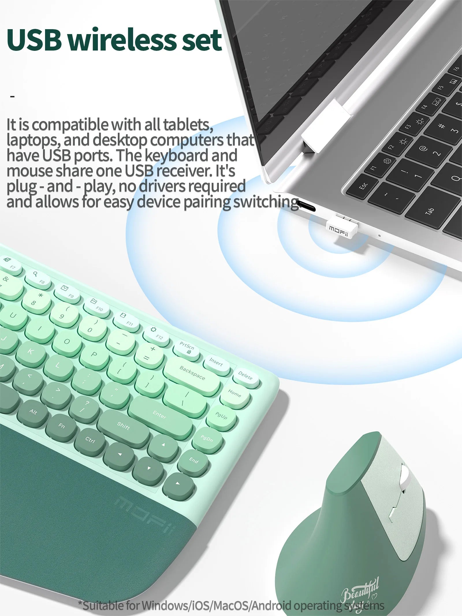 MOFii Ergonomic Keyboard and Mouse Combo, Cream Gradient, 2.4G Wireless, Wrist Fatigue Relief, Compact Tenkeyless, US QWERTY Lay