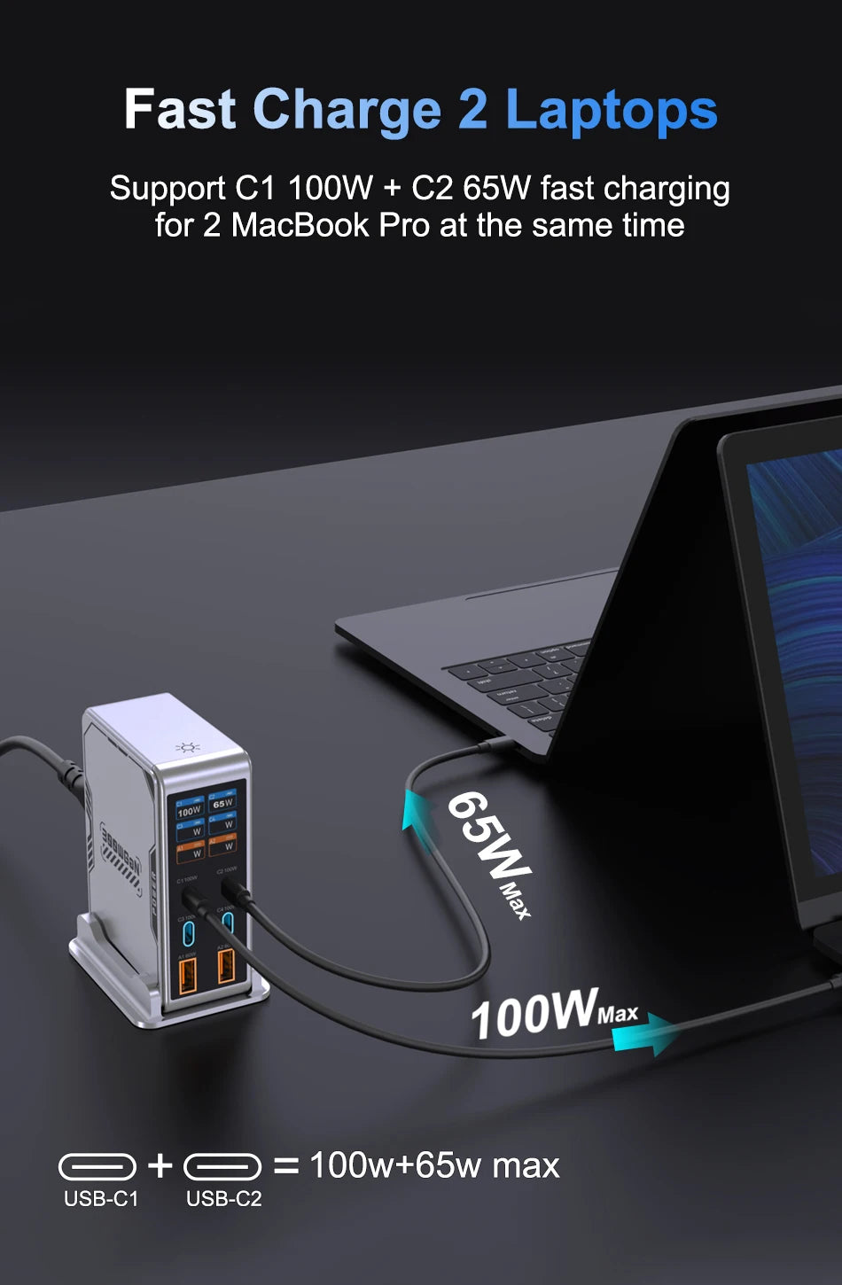 300W USB C Charger,6 Ports USB Charging Station,GaN 100W PD Laptop Fast Charger Adapter Desktop Charger Station with LCD Display for MacBook iPad iPhone Samsung