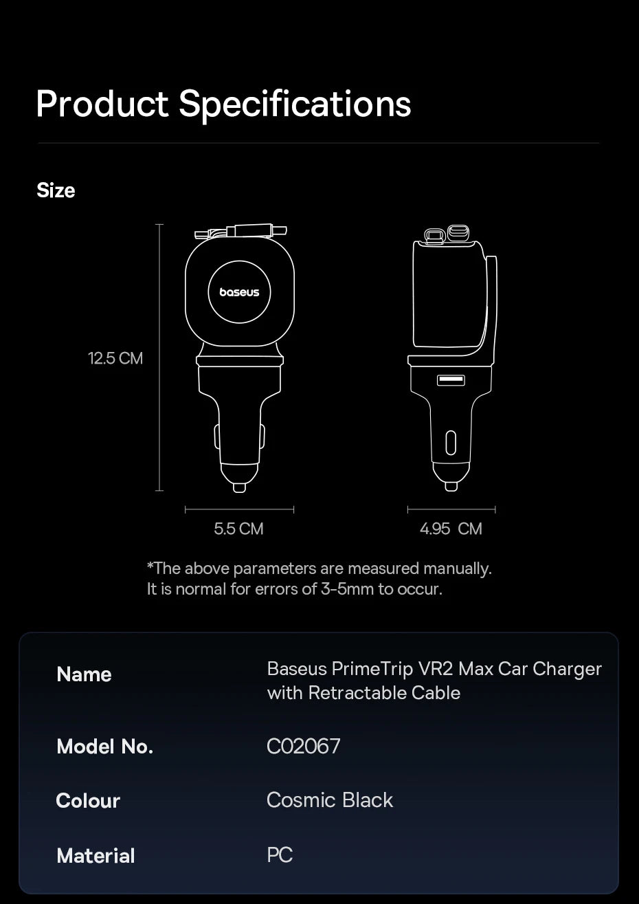 Baseus 240W Car Charger 4 Ports Built in Retractable Cable Fast Charging USB Type-C Car Phone Charger For Samsung iPhone Xiaomi