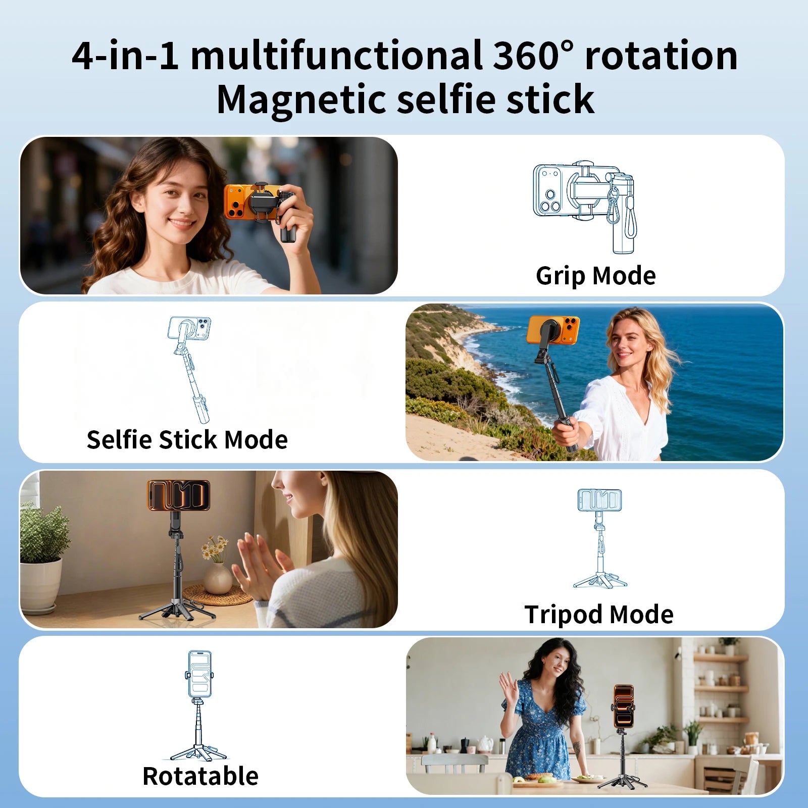 Protable Magnetic Selfie Stick Multifunctional Phone Holder with Clamp Bluetooth Remote Extendable Tripod for iPhone Android