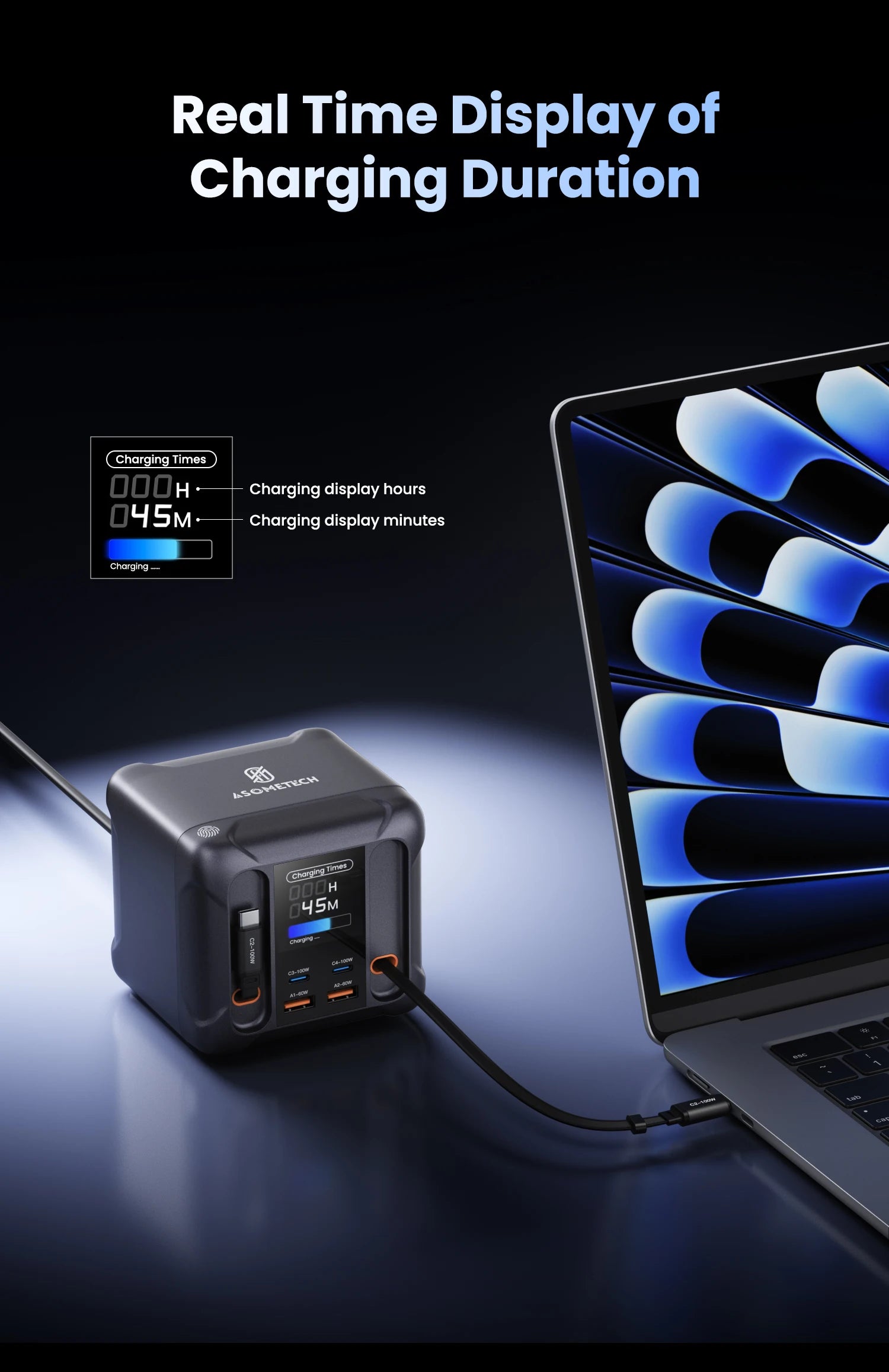 ASOMETECH 300W GaN USB Charger LED Display Retractable Type C Cable 100W 65W PD3.0 PPS Fast Charger Station For Macbook Samsung