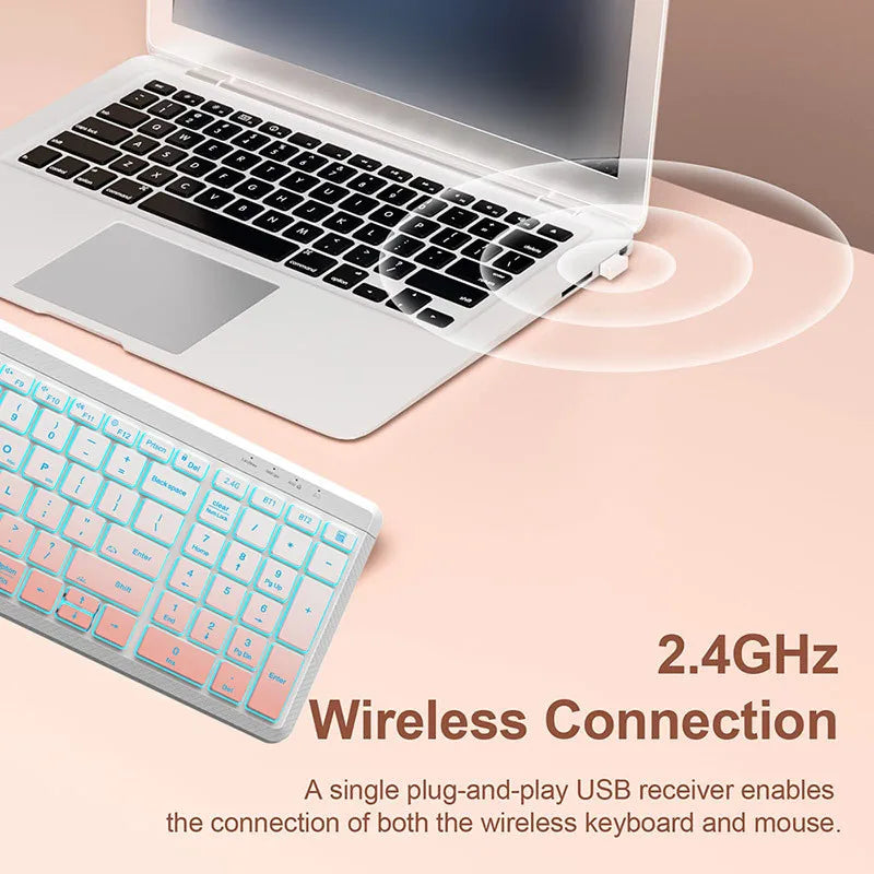 Jomaa RGB Backlit Silent Wireless Keyboard and Mouse Combo 2.4G Dual Mode Rechargeable Wireless Keyboard Mouse set for Desktop/L
