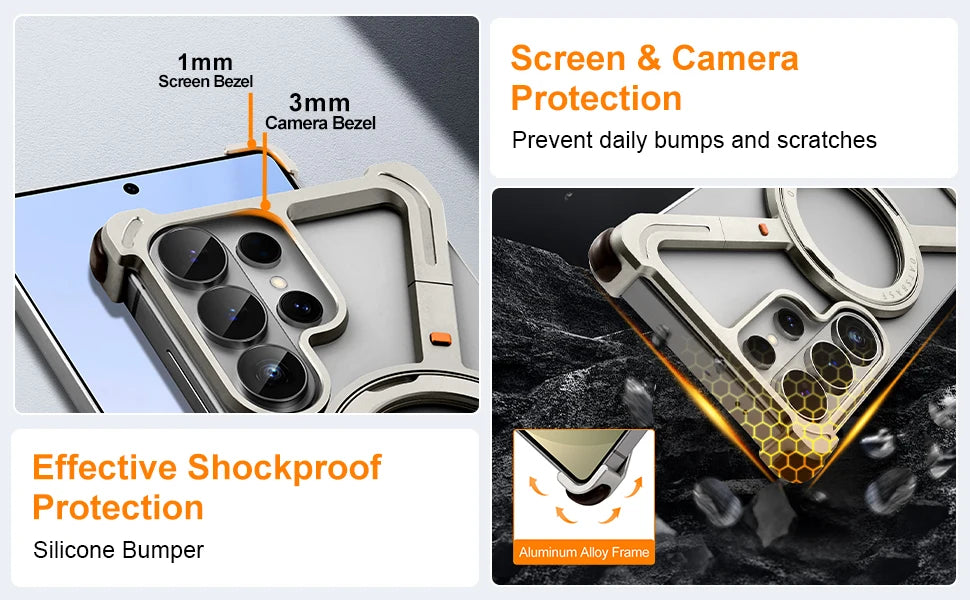 Eary Z Shape for Samsung Galaxy S26 Ultra Phone Case Frameless Metal Protective Case 360°Rotate Magnetic Stand Shockproof Cover