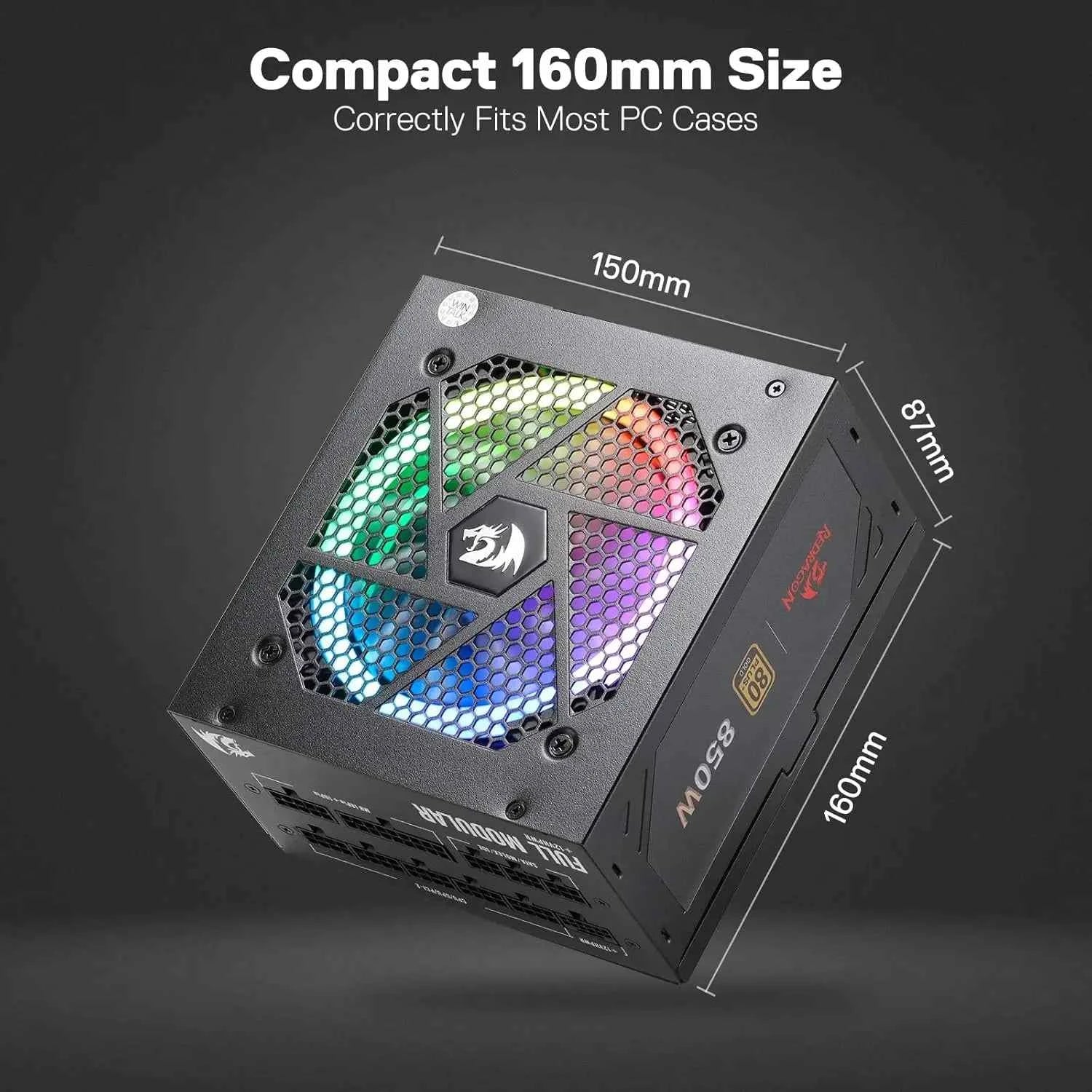 Redragon RGPS-850W 80+ Gold 850 Watt ATX 3.0 & PCIe 5.0 Fully Modular Certified Compact 160mm Size Power Supply,Black