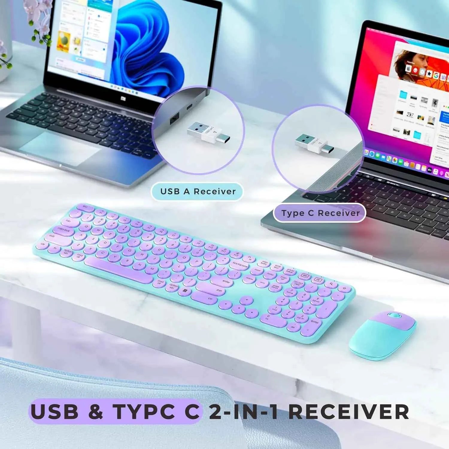 SEENDA USB & Type C Wireless Keyboard and Mouse Combo for Win 7/8/10 MacBook Pro Air Laptop PC Round Key Ergonomic Keyboards