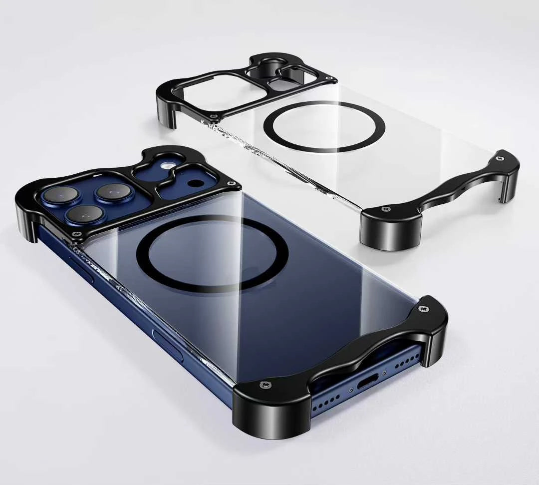 For iPhone Air 17 16 15 Pro Max Bumper Case Aluminum Metal Corner Pad Transparent Magnetic Shell Cover Magsafe Charging