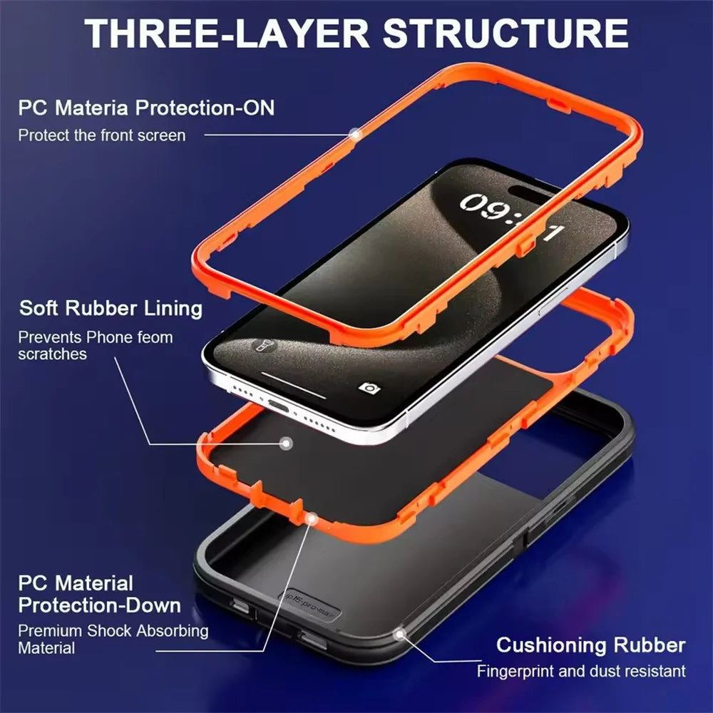 3in1 Defend Phone Case For iPhone 16 17 16E 15 14 Plus 13 12 11 Pro Max Mini Original Heavy Duty Shockproof Hybrid Armor Cover
