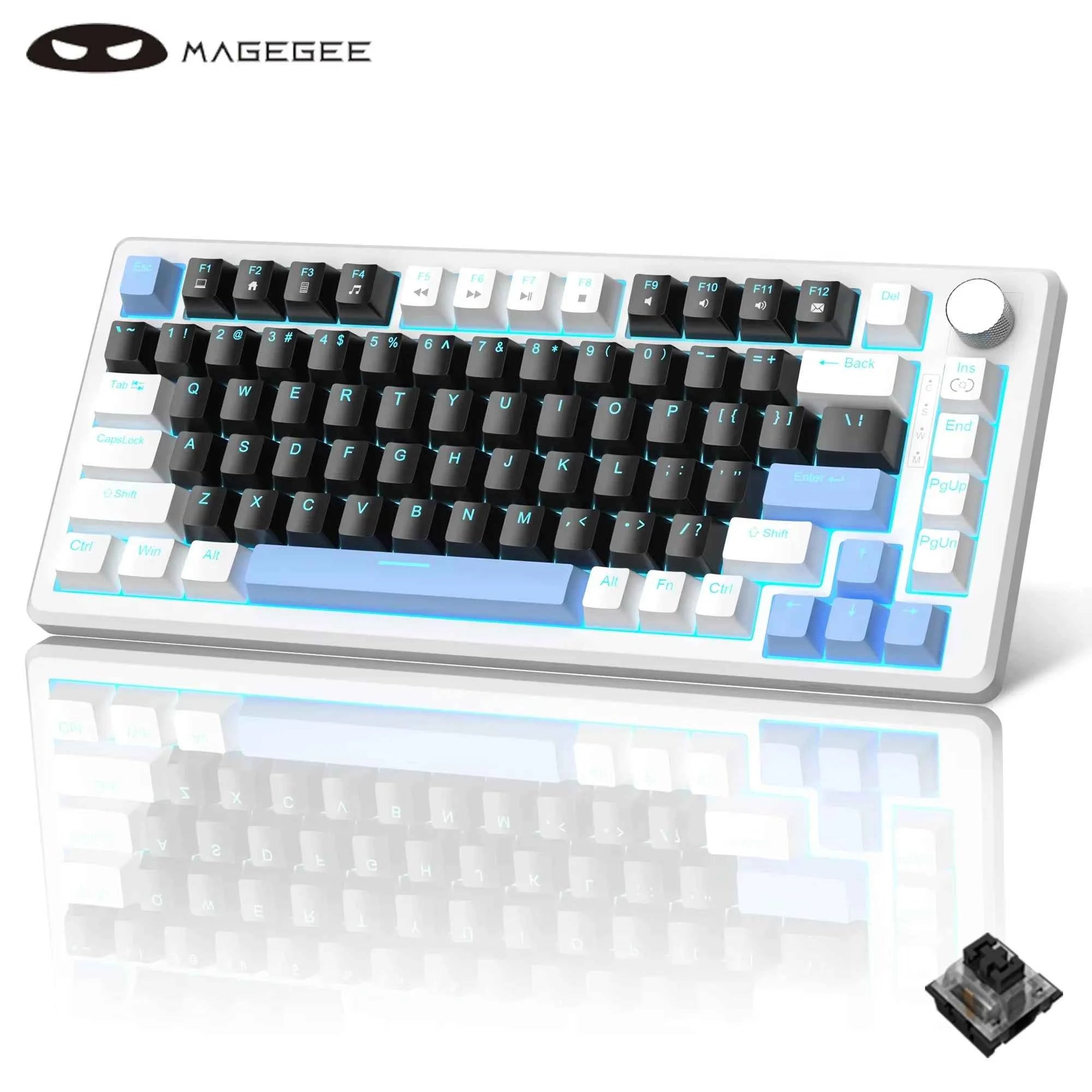 MageGee 75% Mechanical Gaming Keyboard with Knob Control, Blue Backlit Wired Gaming Keyboard Red/Yellow Switch for PC Windows
