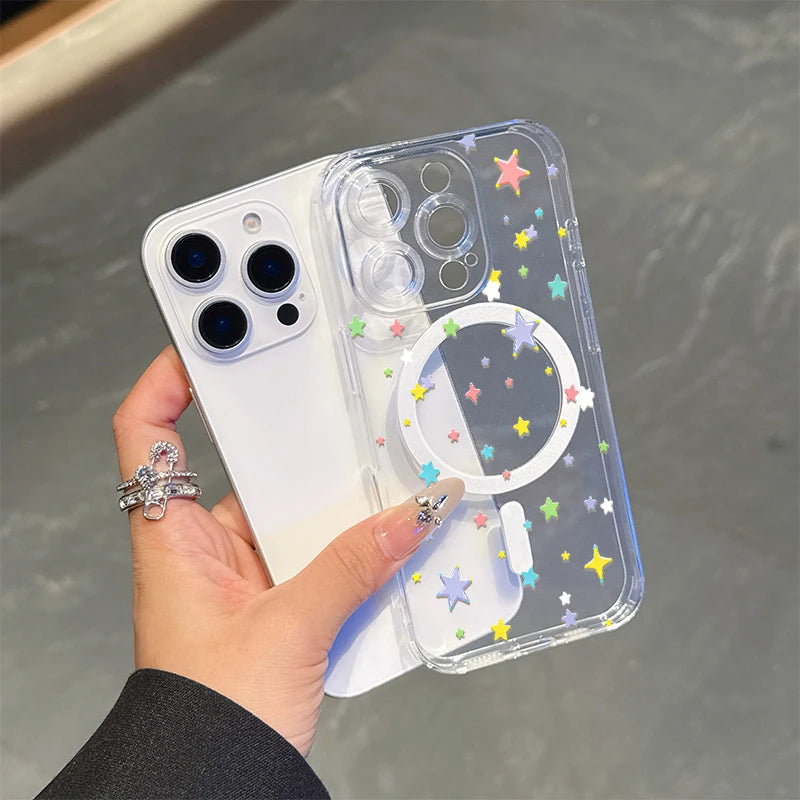 Colored stars,transparent magnet Case For  IPhone 17 promax 17 air 16 15 14 13 12 11 Pro Max 16 15 Plus X XS.Soft TPU,shockproof