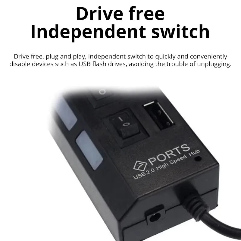 7-Port USB 2.0 Hub with Independent Switches & LED Indicators