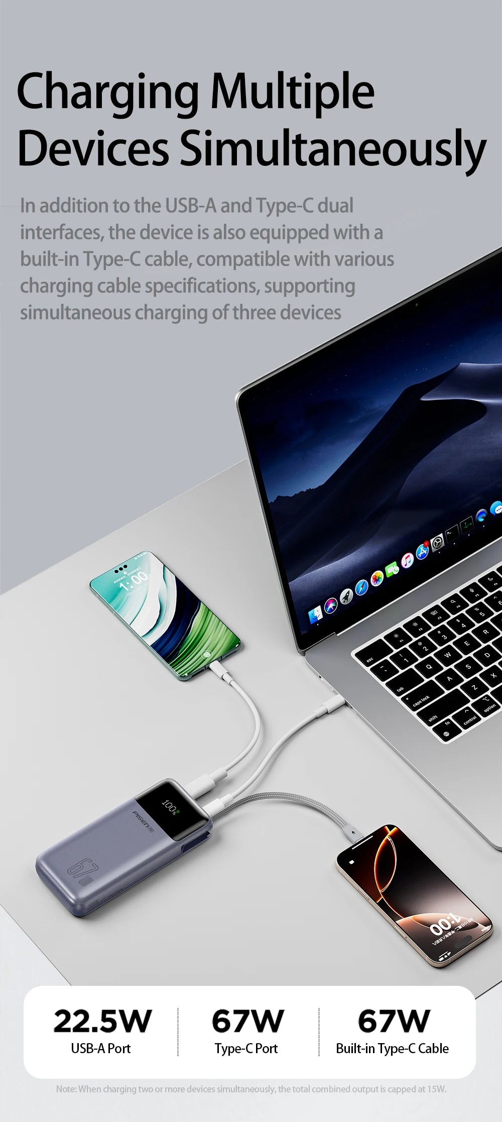 PISEN 20000mAh 67W Power Bank With Fast Charging Cable CCC External Battery For 65W Laptops/ 45W Samsung Phones/ iPhone & iPad