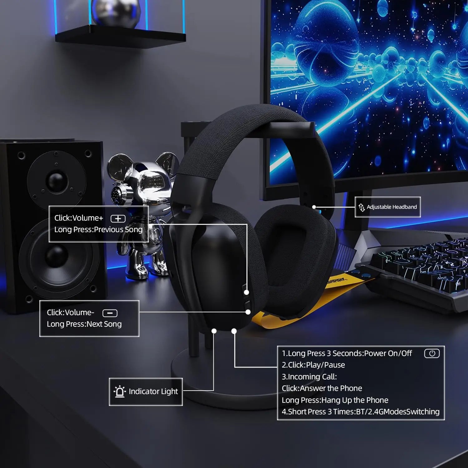 ATTACK SHARK L80PRO Wireless Gaming Headset Lightseed Tech- Built-in&Detachable Dual Microphone-Lightweight Headphone-Tri-Mode