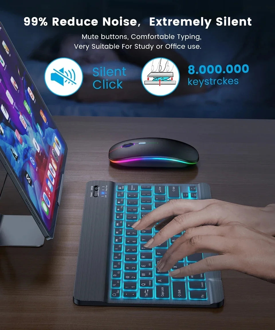 RGB Bluetooth Keyboard And Mouse Set Mini Wireless Keyboard and Mouse Kit Rechargeable Russian Keyboards 10 Inch For iPad Tablet