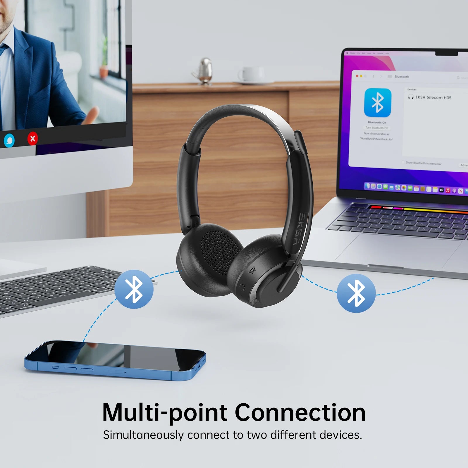 EKSA H35 Bluetooth 5.4 Headset for Office, Ultra-light Foldable Wireless Headphones with ENC Noise Cancelling Microphone
