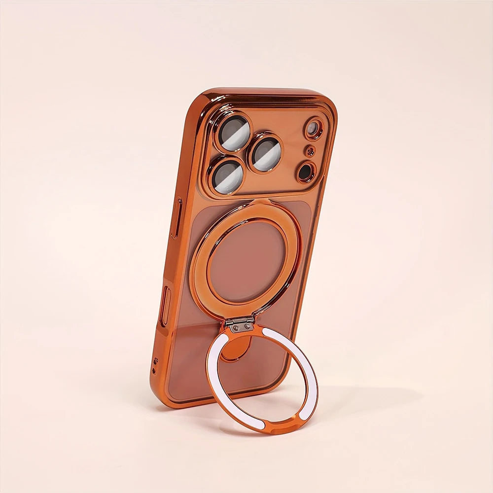 Luxury Plating Magnetic Bracket Phone Case For iPhone 17 16 15 14 13 Pro Max 17Pro Cases For Magsafe Stand Holder Clear Cover