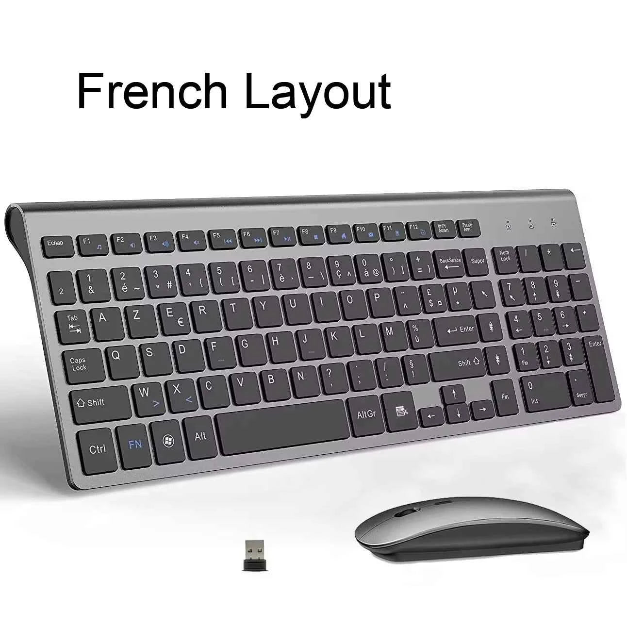 Wireless French Keyboard and Mouse Combo AZERTY Layout 2.4G USB Silent Ultra-Thin Compact Scissor for PC Laptop Desktop Windows