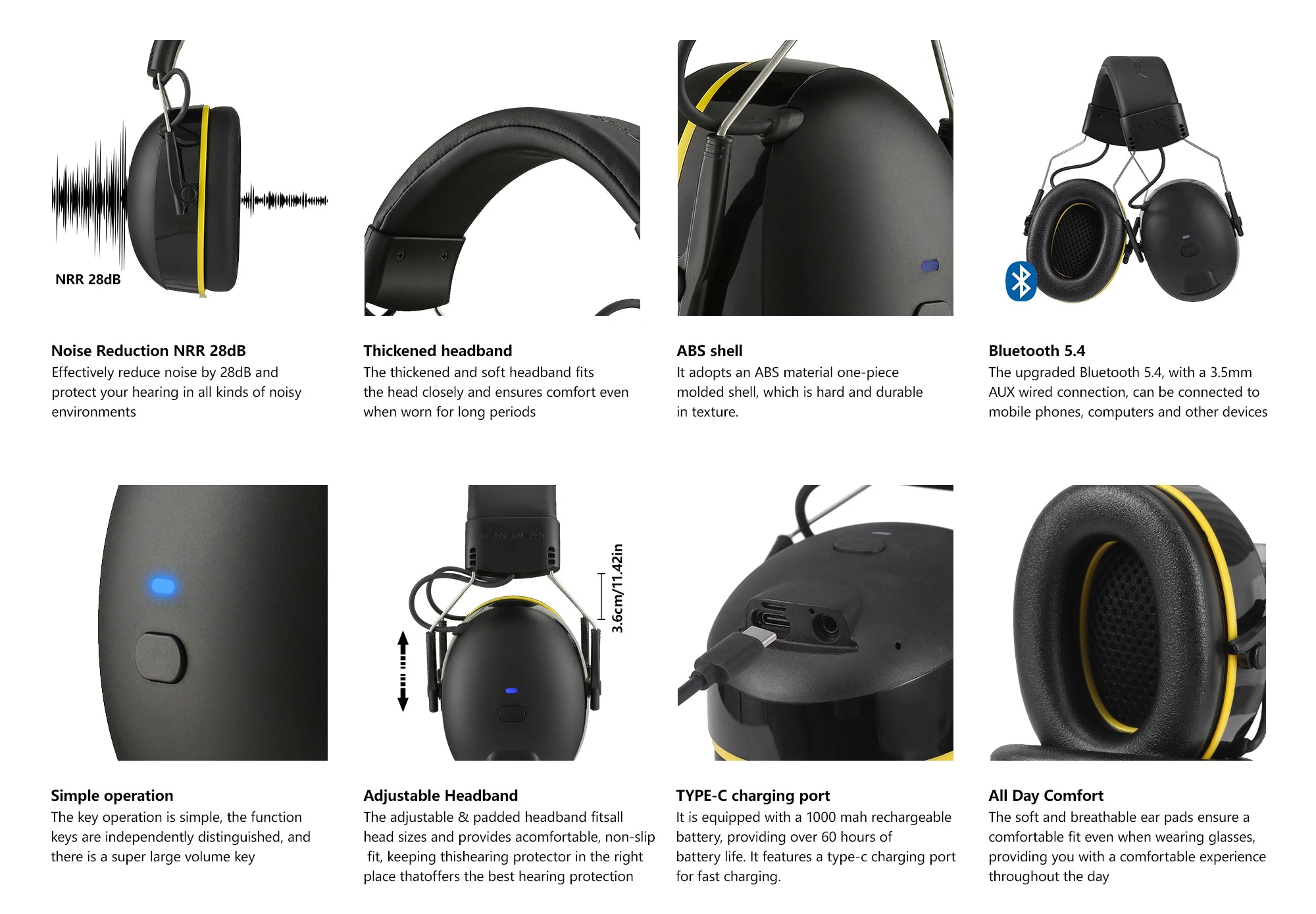 30dB SNR Hearing Protection Headphones with Bluetooth Rechargeable Noise Reduction Safety Ear Muffs Wireless Hearing Protector