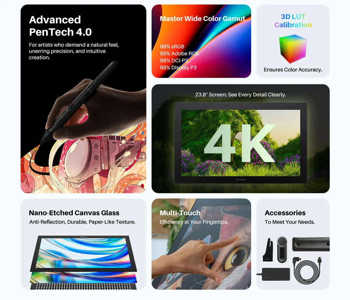 HUION KAMVAS Pro 24 (Gen 3) 4K UHD Touch Drawing Tablet with Screen, Pentech 4, 16K Pressure Levels, Pen Display with Dual Pen
