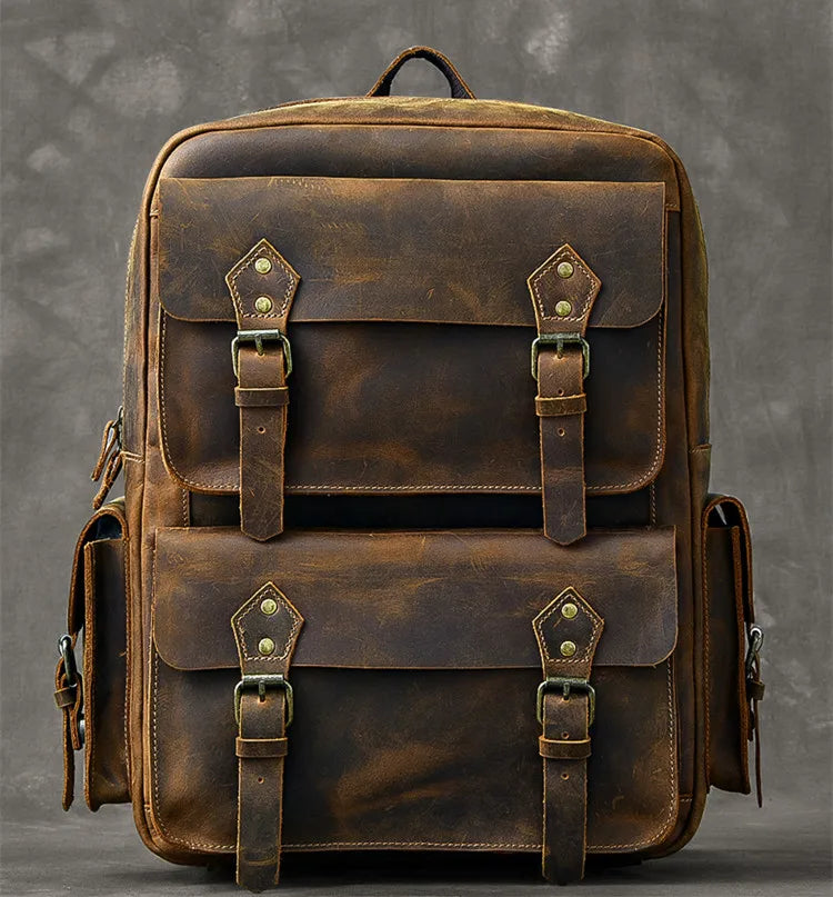 Vintage Crazy Horse Genuine Leather Backpack Men Bagpack Cowhide Hiking Backpack 17