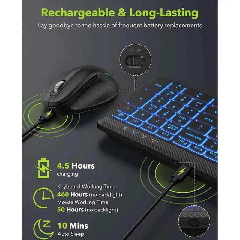 Jomaa RGB Backlit Silent Wireless Keyboard and Mouse Combo 2.4G Dual Mode Rechargeable Wireless Keyboard Mouse set for Desktop/L