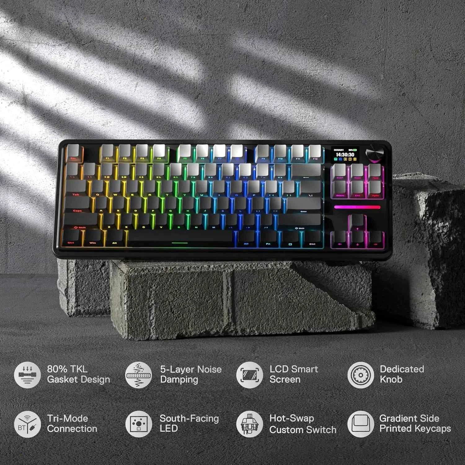Redragon K743 PRO GB 80% Gasket RGB Gaming Keyboard w/Hype 1.14’’ TFT Screen & Knob, 84 Keys Mechanical Keyboard, 5-Layer Noise