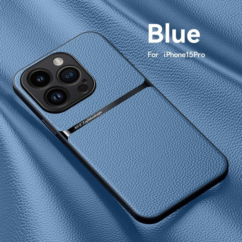 For iPhone15 Pro Max Luxury Leather Cover For iPhone 14 13 12 11 Plus Car Holder Case Magnetic Silicone Shockproof