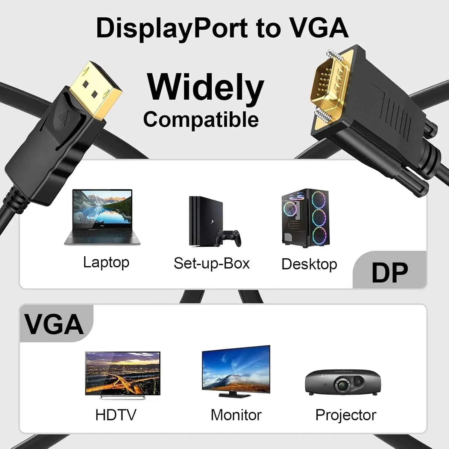 DisplayPort to VGA Cable 6FT/1.8M,Gold Plated DP Male to VGA Male Adapter 1080P@60Hz for Laptop, PC, Monitor, TV, Projector