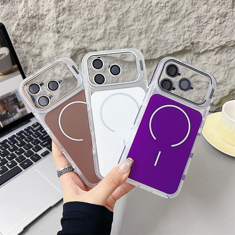 Luxury Matte Shockproof Magnetic Bumper Case For iPhone 17 Pro Max Air 16 15 14 Plus 13 12 For Magsafe Lens Protect Stand Cover