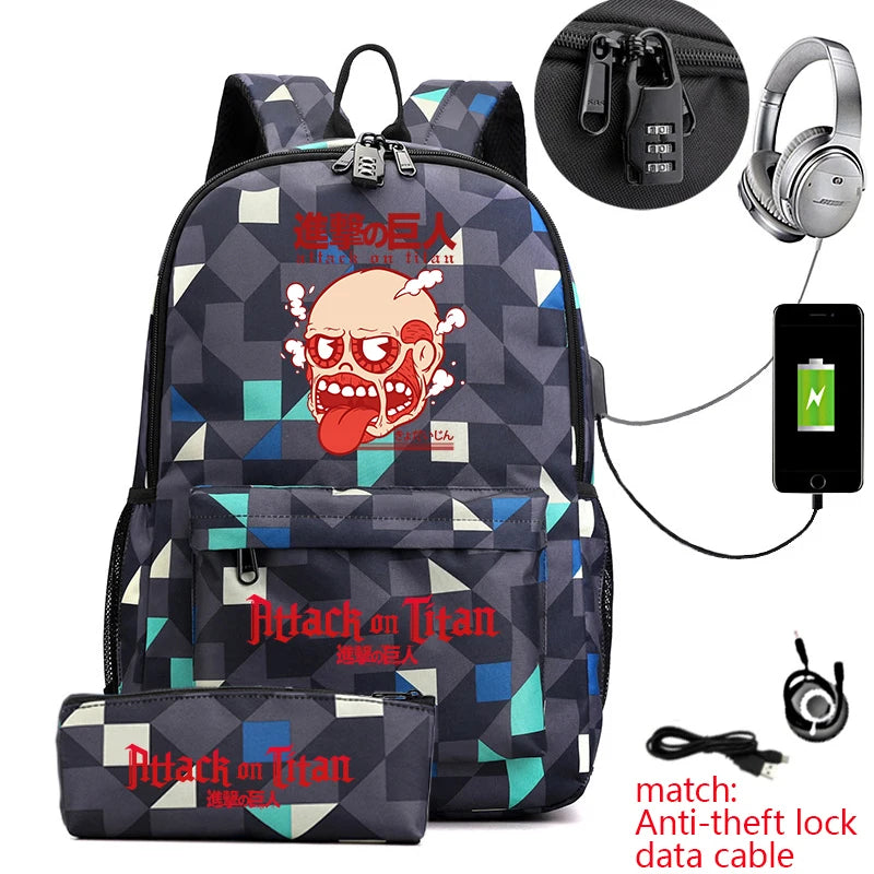 Attack on Titan Anime Print School Backpack Anti-Theft Laptop Bag for Boys Girls with Pencil Case