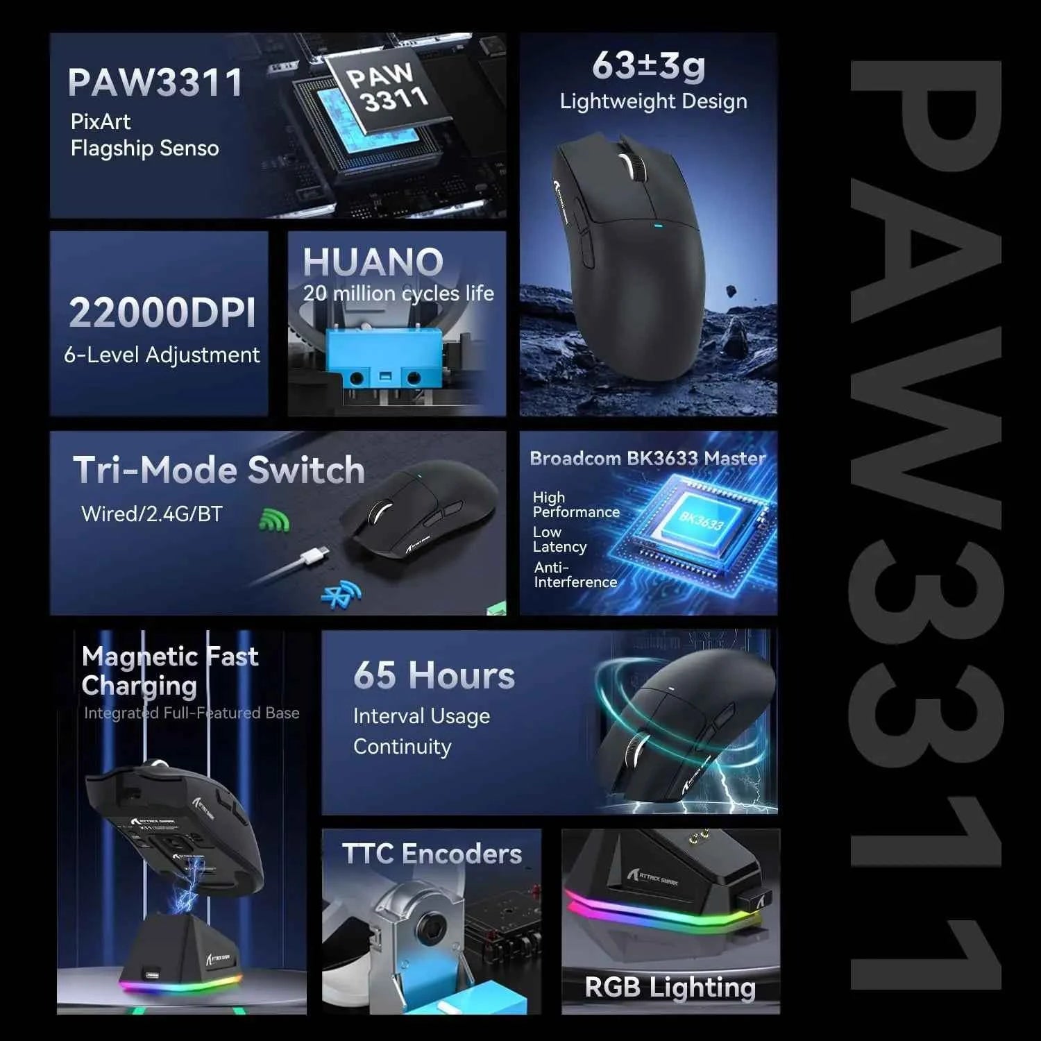 MAMBASNAKE x ATTACK SHARK X11 Gaming Mouse with Magnetic Charging Dock, PixArt PAW3311 Gaming Sensor