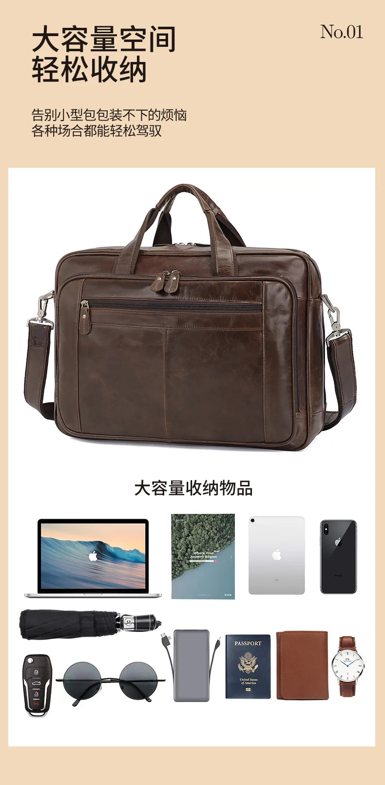 High Quality Genuine Leather Men Briefcase Business bag Crazy Horse Leather Large 17