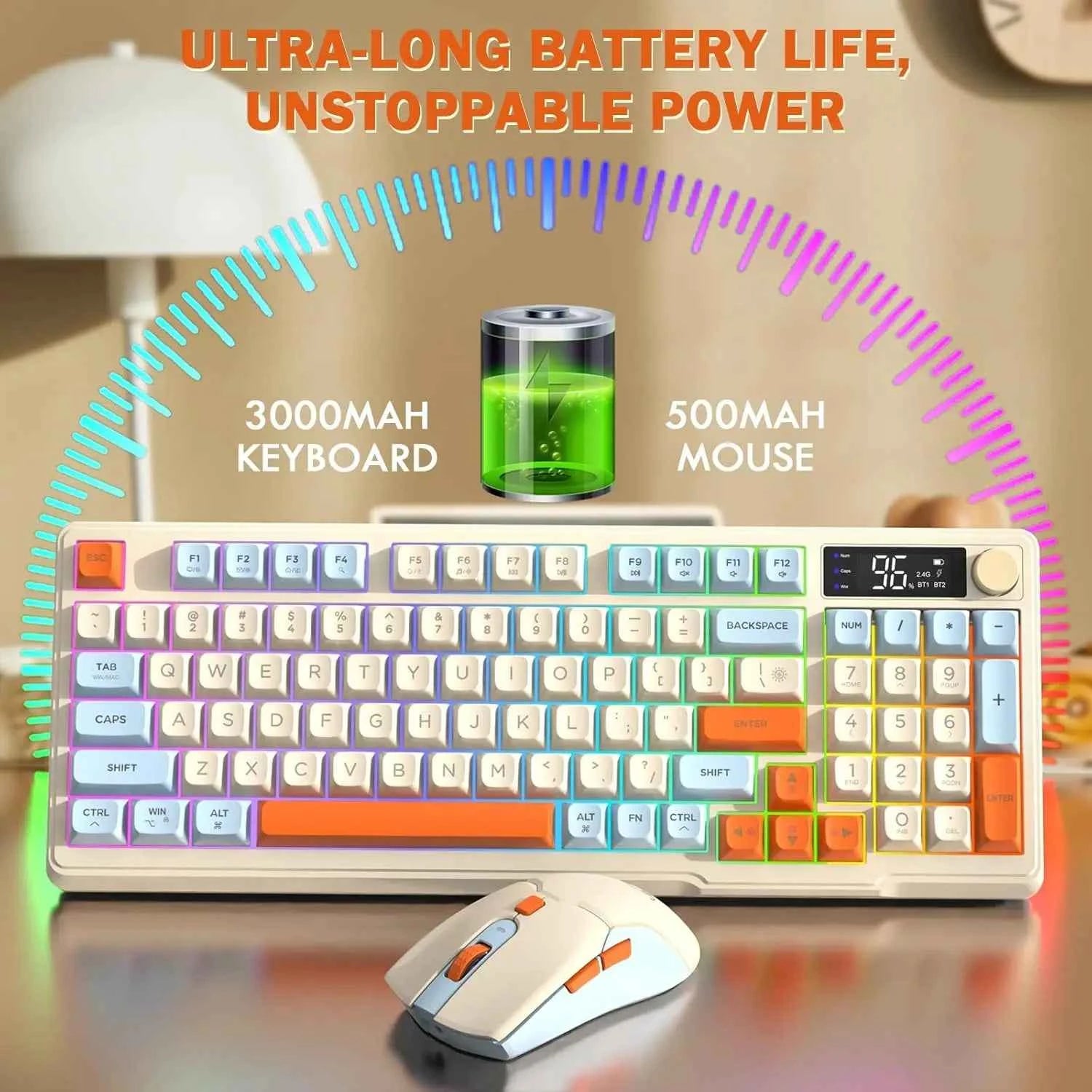 MAMBASNAKE x FREEWOLF T96 Smart Display Wireless Membrane Keyboard and Mouse Comb, 94Key LED Lighting Rechargeable Silent
