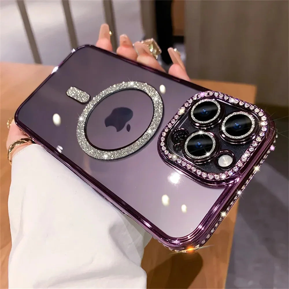 New Fashion Glitter Diamond Transparent Case For iPhone 16 15 14 13 17 12 Pro Max 16 Plus Magnetic Wireless Charge Bumper Cover