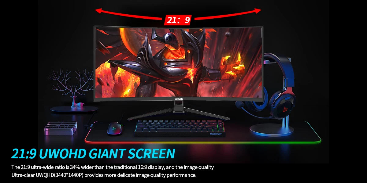 Suevery 34-Inch 4K(3440*1440) 144Hz Curved Gaming Monitor  Curved 1500R with FreeSync,HDR10, 1ms,Eye Care