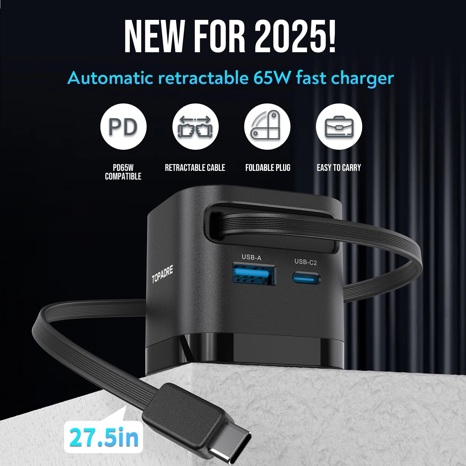 65W GaN Fast Charger with Retractable Cable, Foldable Plug, Quick Charging Block, for iPhone , Samsung , iPad, Android Phones