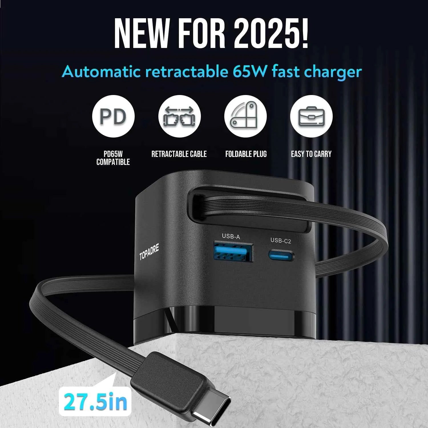 65W GaN Fast Charger with Retractable Cable, Foldable Plug, Quick Charging Block, for iPhone , Samsung , iPad, Android Phones