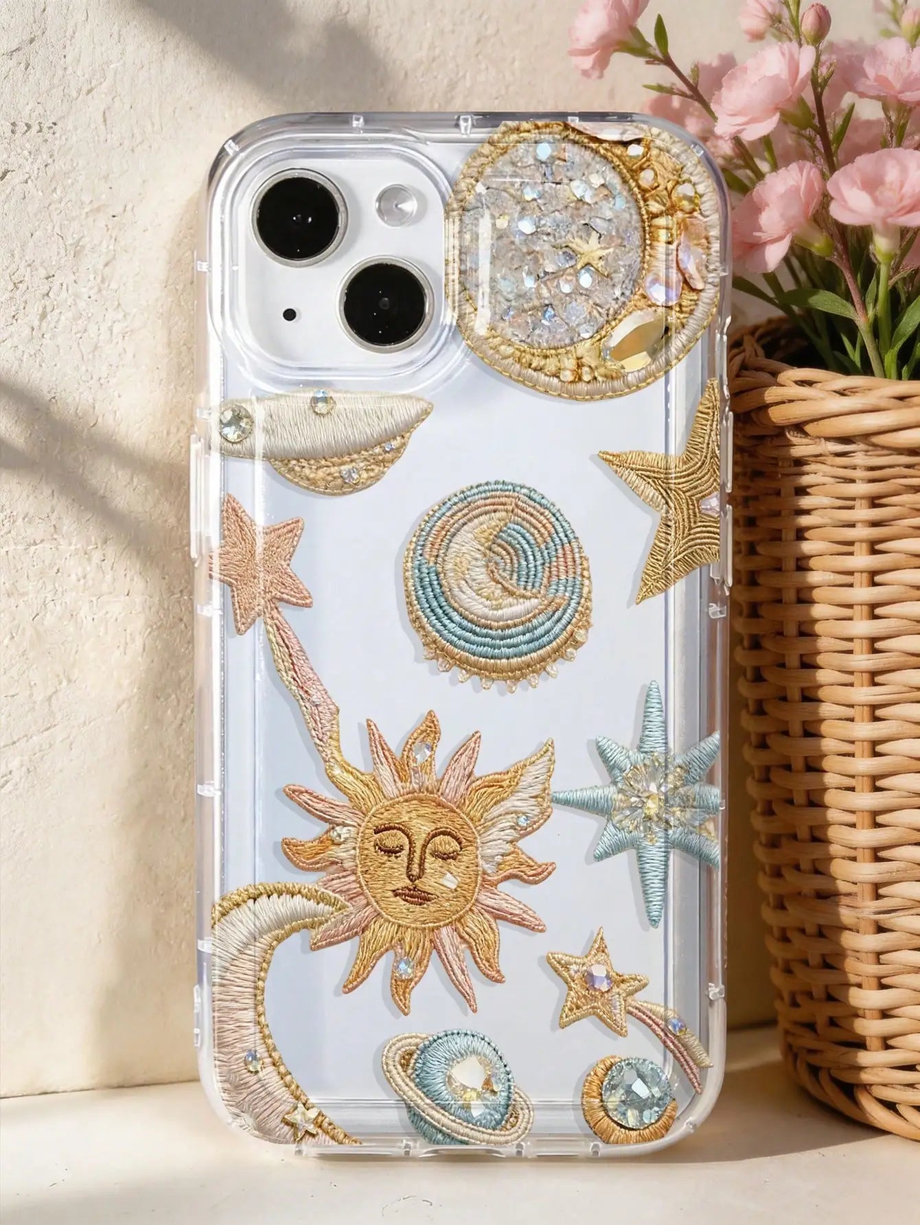 1pc Retro Starry Sky Theme Star & Moon Universe Pattern Phone Case, Silver Transparent Thick Protective Cover For Samsung A05, A05S, A13, A14, A15, A53, A54, A55, A56, S22, S23, S24, S25, 11, 12, 13, 14, 15, 16, 17 Pro Max