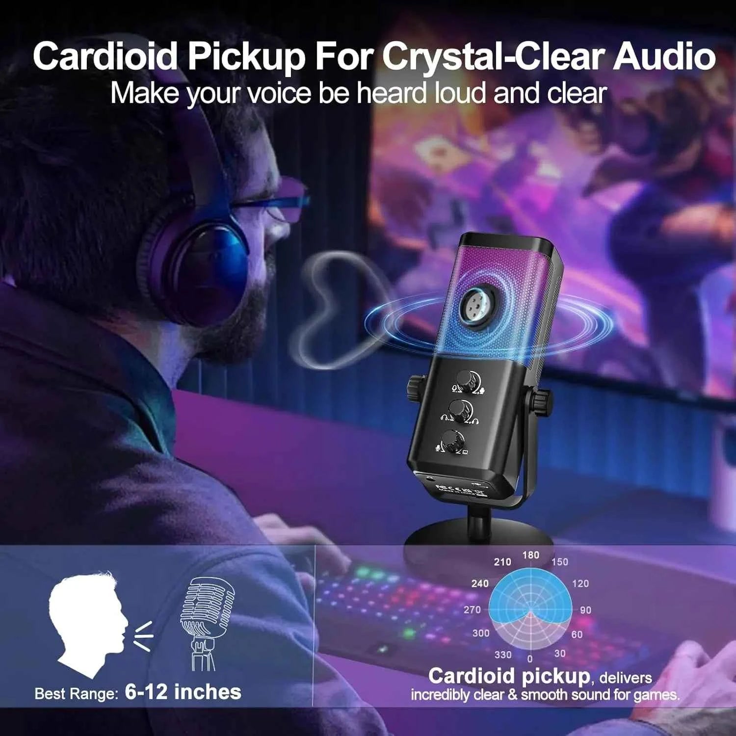 RGB Gaming Microphone with Game Voice Balance & Noise Cancellation, Studio USB Computer Condenser Mic for Streaming/Recording